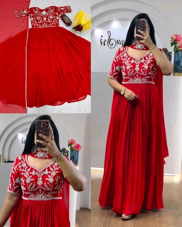 Launching Embroidered Gown - Red, L
