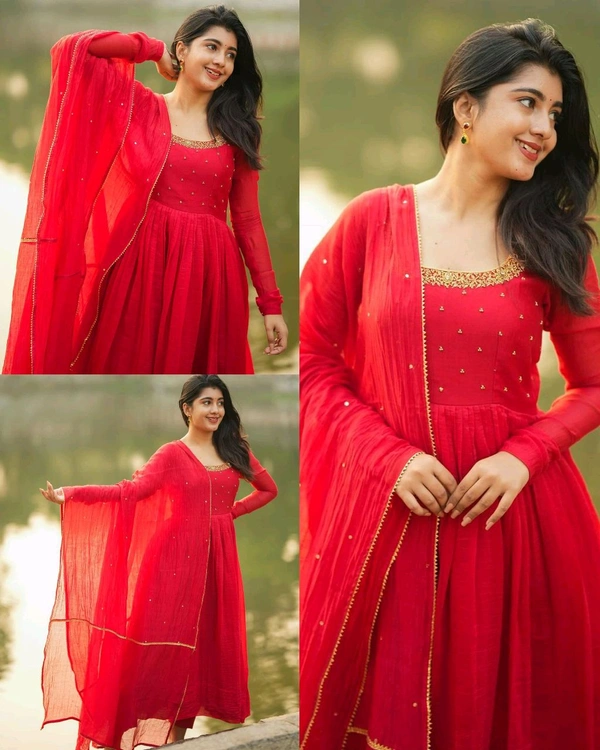 Trendy Designer Hand Zardoshi Work Gown With Cut Work Duppata.  - Red, L