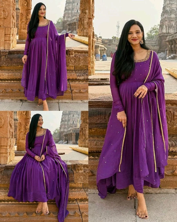 Trendy Designer Hand Zardoshi Work Gown With Cut Work Duppata.  - Purple, 2XL