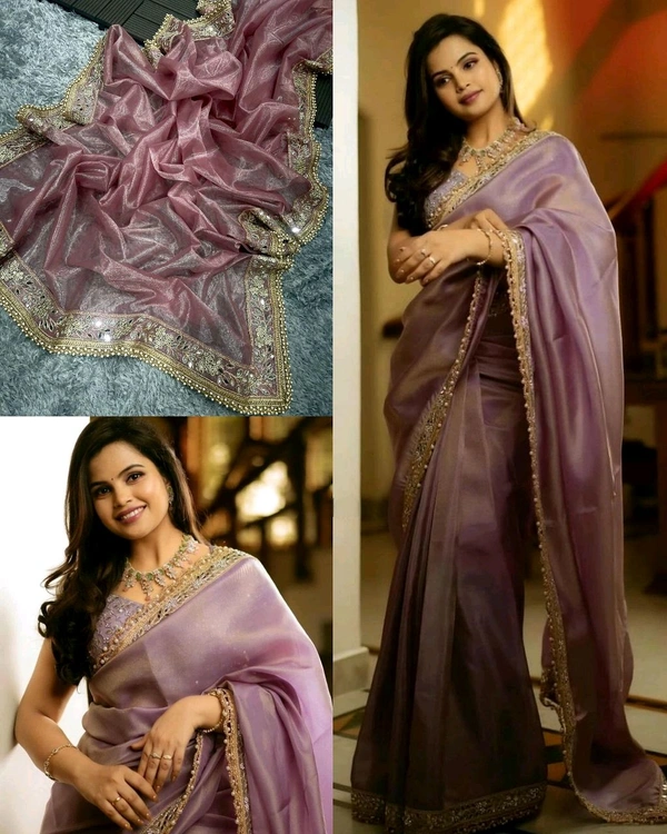 Grand Party Wear Real Hand Mirror Work Saree - Pink, Free Size