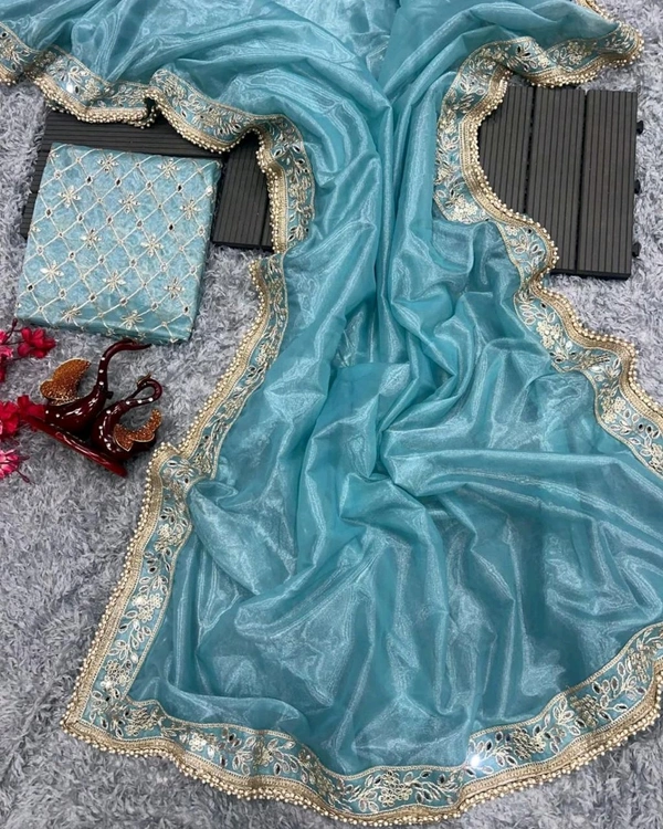 Grand Party Wear Real Hand Mirror Work Saree - Sky Blue, Free Size