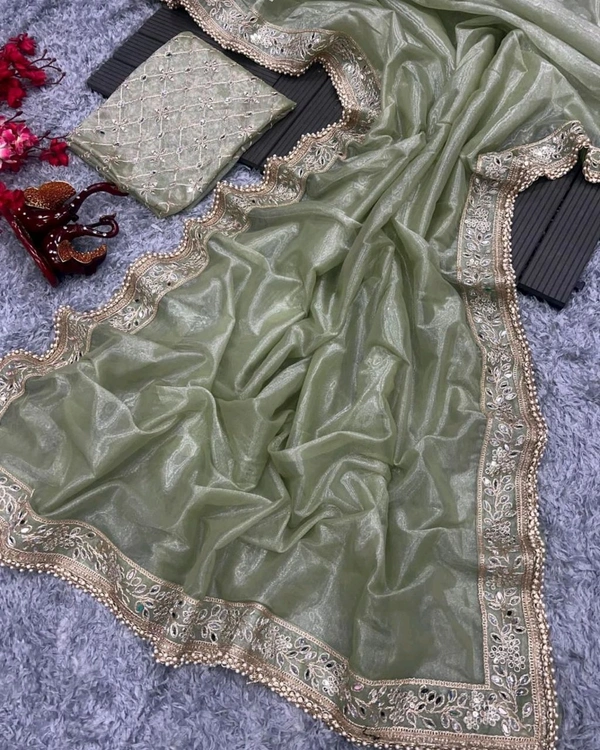 Grand Party Wear Real Hand Mirror Work Saree - Green, Free Size