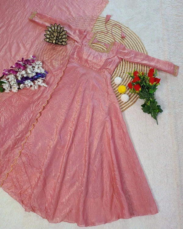 Beautiful Designer Hand Zardoshi Work Gown With Cut Work Duppata - XL, Peach