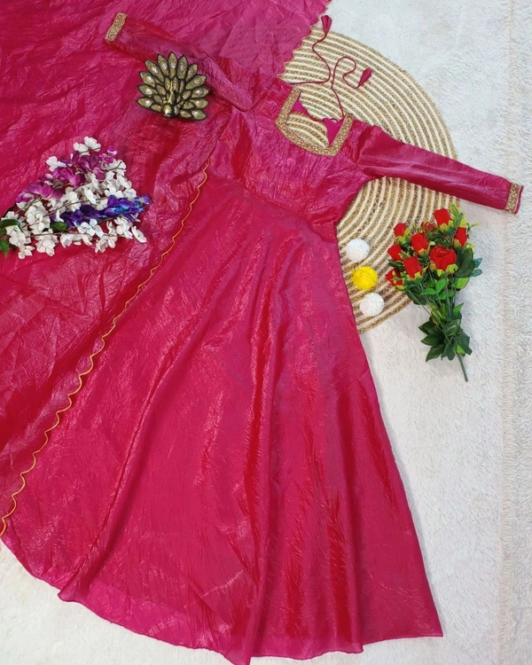 Beautiful Designer Hand Zardoshi Work Gown With Cut Work Duppata - 2XL, Dark Pink
