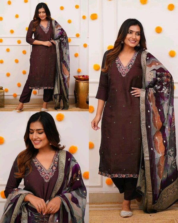 Embroidered Regular Kurta With Trousers & Jacquard Organza Printed Dupatta set - Brown, S