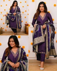Embroidered Regular Kurta With Trousers & Jacquard Organza Printed Dupatta set - Brown, S