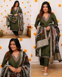 Embroidered Regular Kurta With Trousers & Jacquard Organza Printed Dupatta set - Brown, S