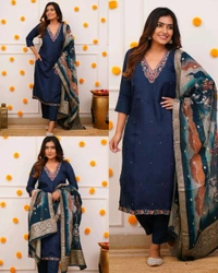 Embroidered Regular Kurta With Trousers & Jacquard Organza Printed Dupatta set - Brown, S
