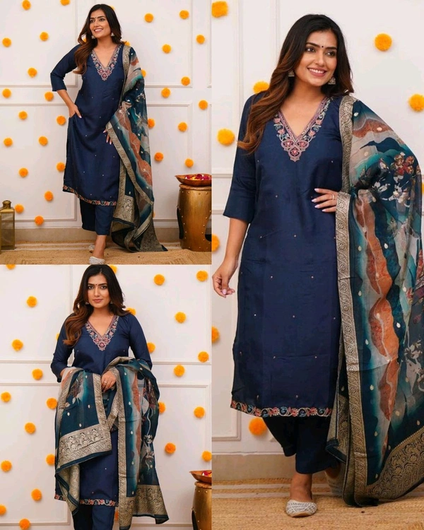 Embroidered Regular Kurta With Trousers & Jacquard Organza Printed Dupatta set - Navy Blue, L