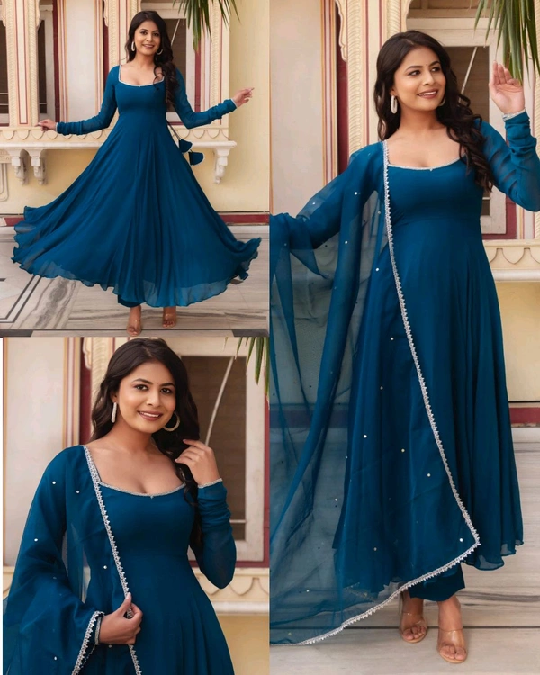 Stylish Anarkali Gown With Pant and Dupatta Ready To Wear 3 Pis Suit Set - Teal, L