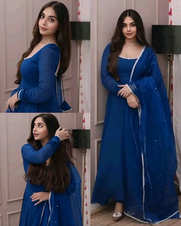Stylish Anarkali Gown With Pant and Dupatta Ready To Wear 3 Pis Suit Set - Blue, S