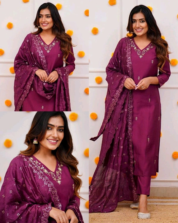 Women Embroidered Chanderi SILK KURTA SET - Purple, L