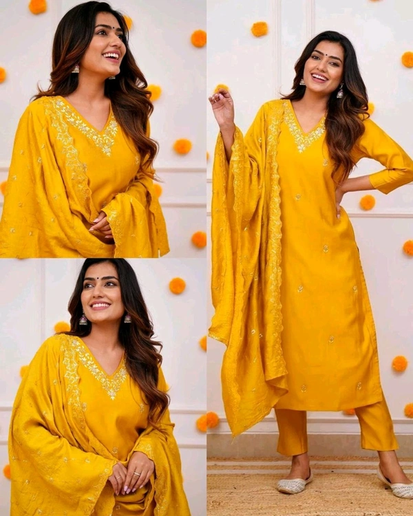 Women Embroidered Chanderi SILK KURTA SET - Yellow, XL