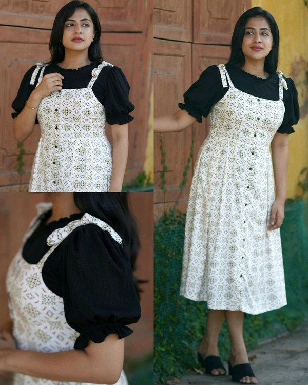 White Printed Button-Down Midi Dress with Black Puff-Sleeve Layer - S