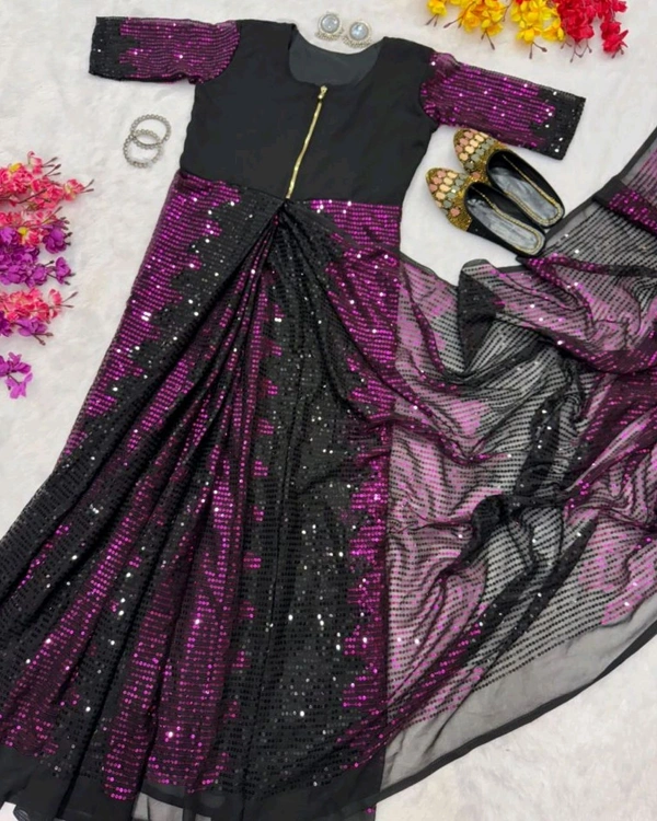 Trending Zip & Go Sequence Saree   - Black, M