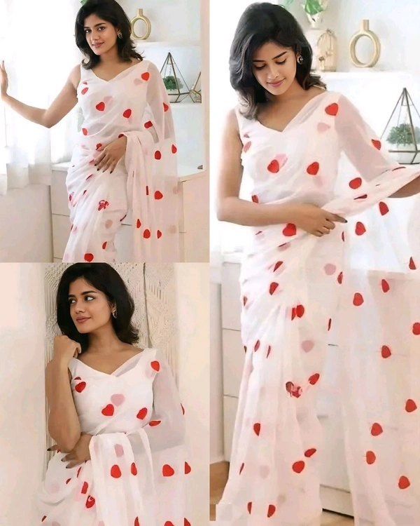 Treny Heart Design New Georgette Embroidery Saree  - White, Free Size