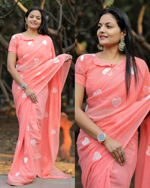 Treny Heart Design New Georgette Embroidery Saree  - White, Free Size