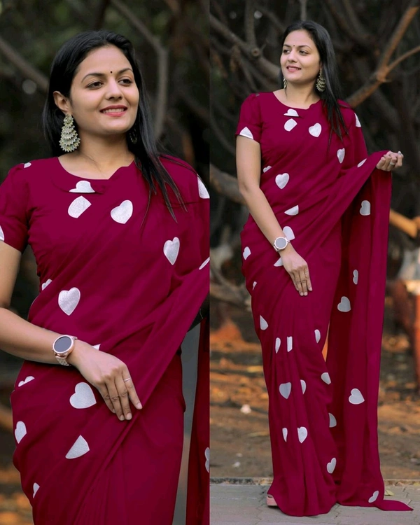 Treny Heart Design New Georgette Embroidery Saree  - White, Free Size