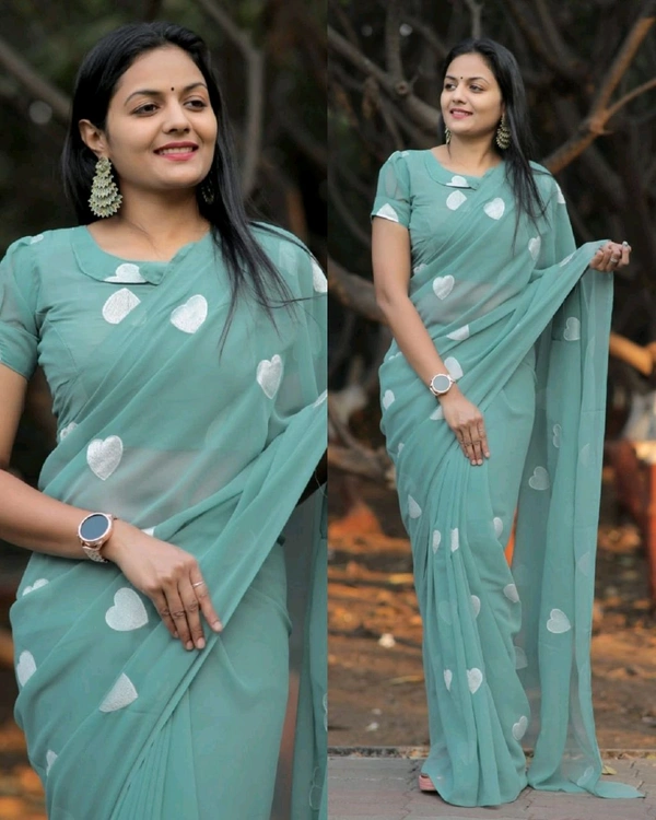Treny Heart Design New Georgette Embroidery Saree  - White, Free Size