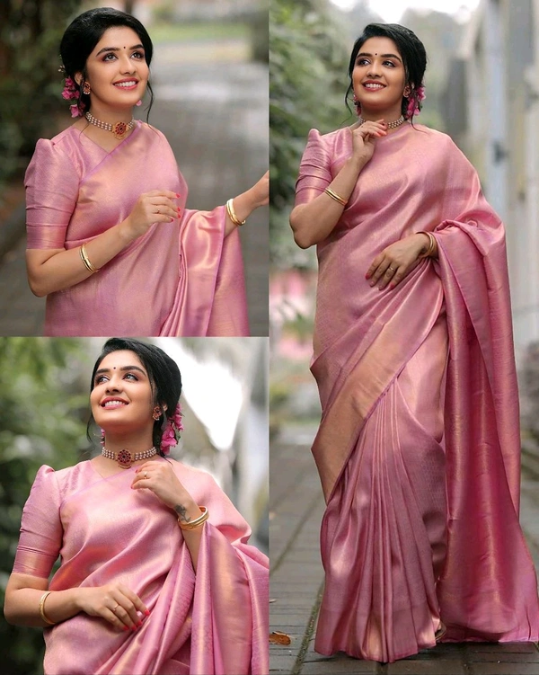 Baby Pink Banarasi Soft Semi Silk Saree  - Feee Size