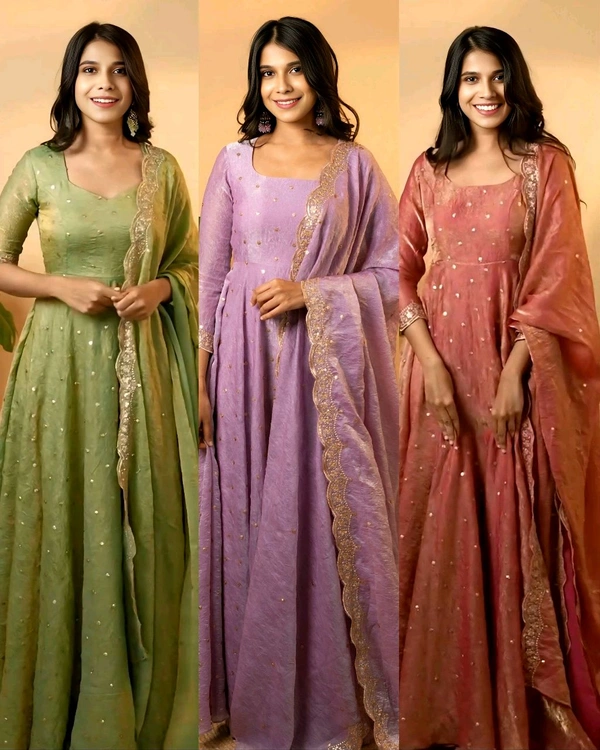 Party Wear Look Fancy Umbrella Gown,Dupatta & Bottom Set👗 - Pista, Free Size