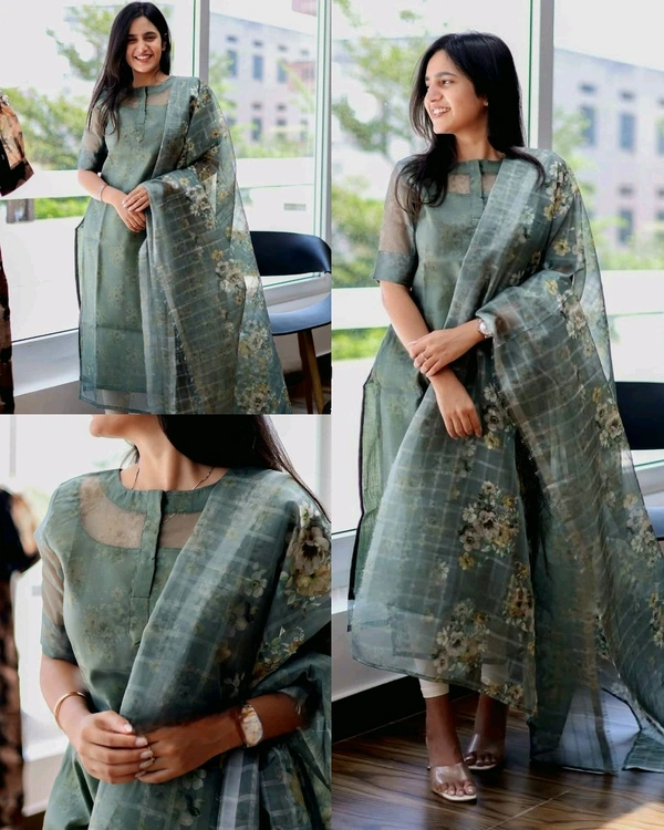 olive organza kurti with dupatta set
 - XS
