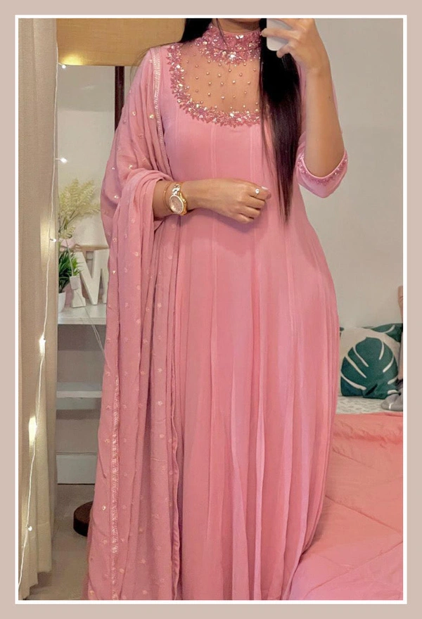 Attractive Gowns With Dupatta Without pant Gowns + Dupatta Neck - Net Sequence Work ! Without pant ! - M
