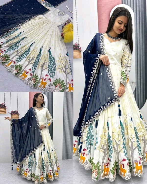 Trending Peacock Design Gown - Blue, M