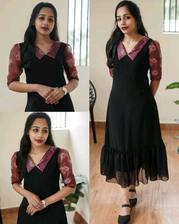 Black Flare Dress with Floral Sleeves - S