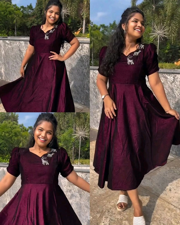 Party wear velvet Dear Aari work midi gown - wine, S