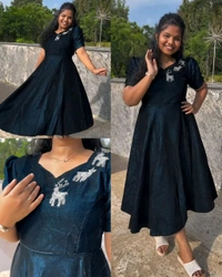 Party wear velvet Dear Aari work midi gown - wine, S