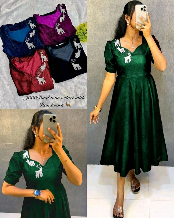 Party wear velvet Dear Aari work midi gown - wine, S
