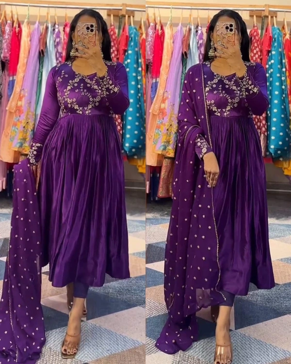 Embroidered Gown With Dupatta - L