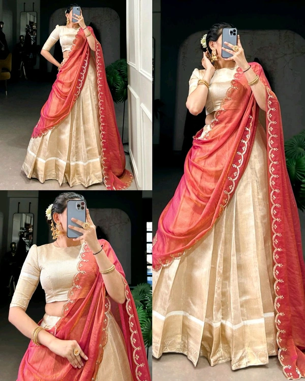 Elegant Golden Zari Weaving Work Lehenga with Zari Shimmer Dupatta 
 - Free Size