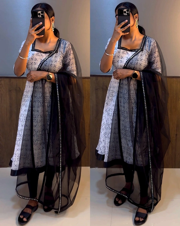 New Anarkali Printing Work With Net Dupatta - M