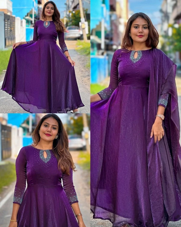 Ready to Wear pure space silk fabric with top heavy *dimond hand work full finish same duppata and full flair  - Mardi Gras, S