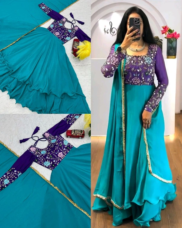 Ready to Wear pure space silk fabric with top heavy *dimond hand work full finish same duppata and full flair  - Mardi Gras, S