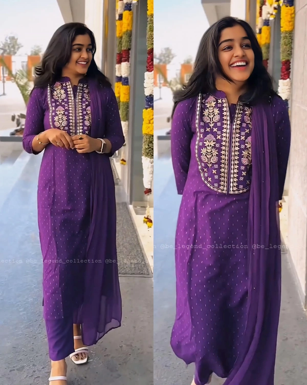 Purple Ethnic Motifs Embroidered Kurta with Trouser & Dupatta - L