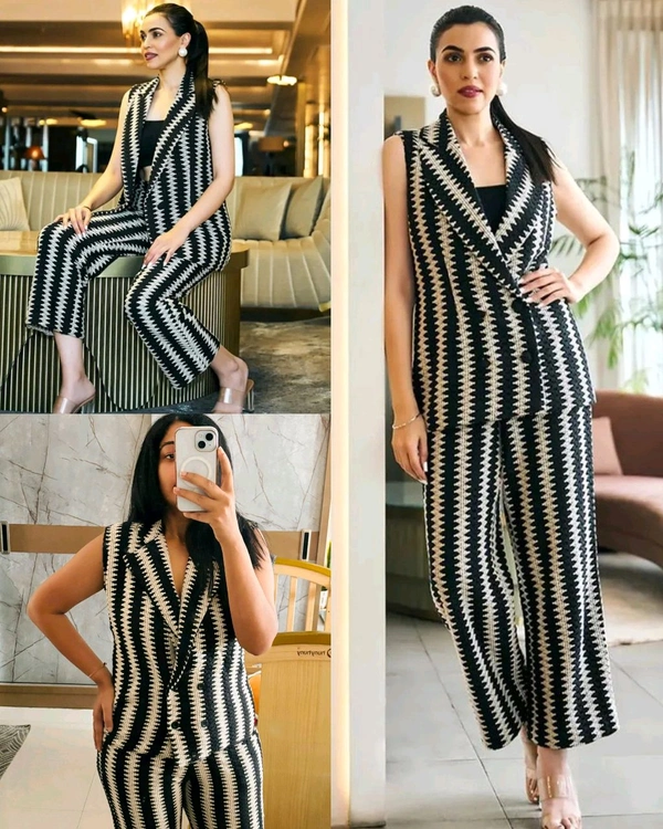 Trendy Premium New Fashionable Women Jacket & Inner Black Top & Bottom Sets
 - XS