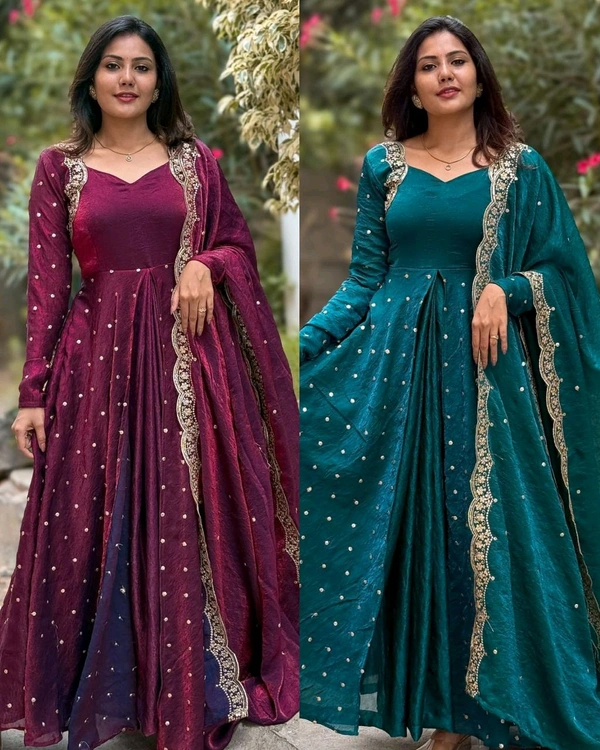 Launching Heavy Designer Party Wear Look Gown-Dupatta and Bottom with Heavy Embroidery Sequence Work - M, Purple