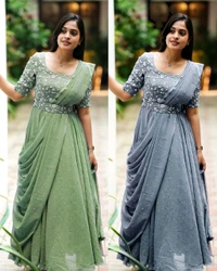 The Beautiful Partywear Gown With Attached Dupatta & Belt ❤️ - Mauve, M