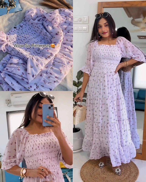 White Floral Printed smocking and shirring Tiered Maxi Dress - M