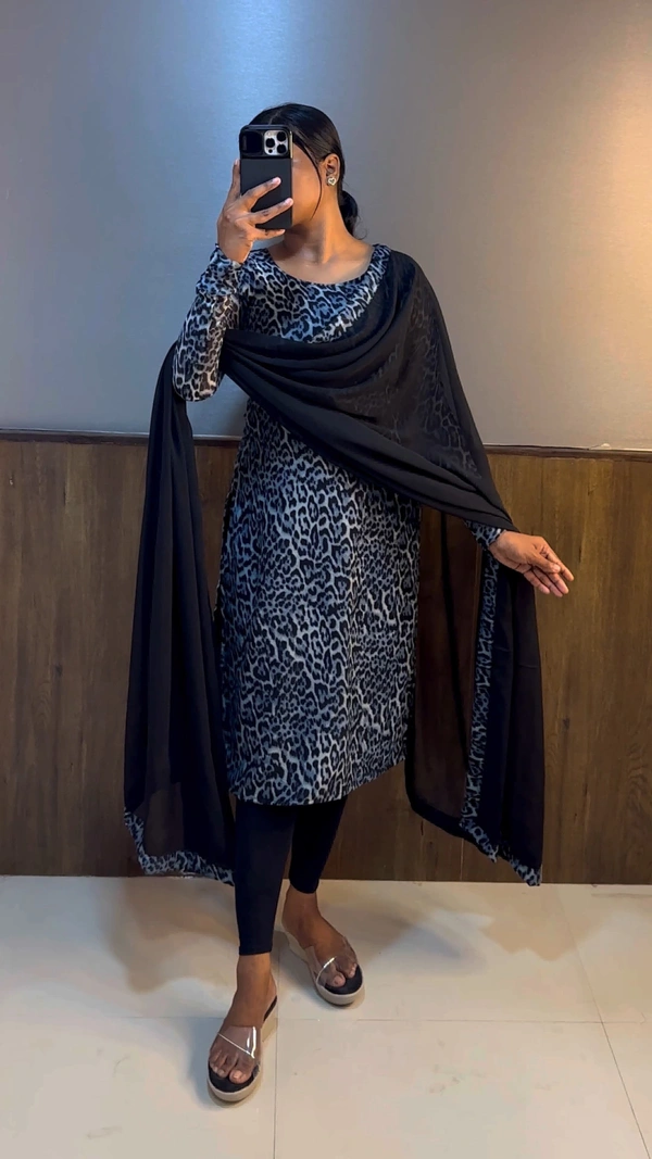 Animal Print Kurti plus Dupatta - Black, XL