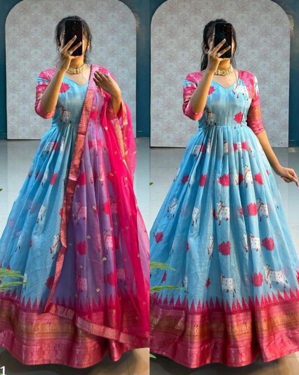 KANCHIPURAM Gown With Duppata - Aquamarine Blue, S