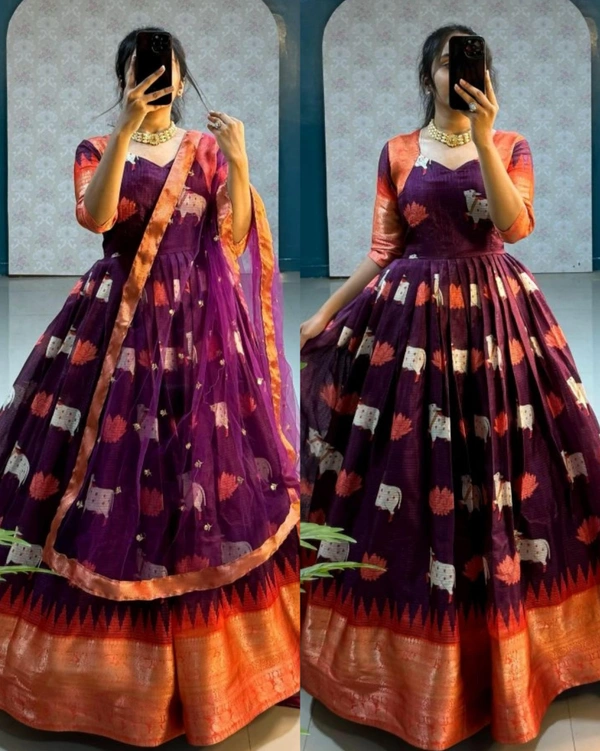 KANCHIPURAM Gown With Duppata - Purple, L