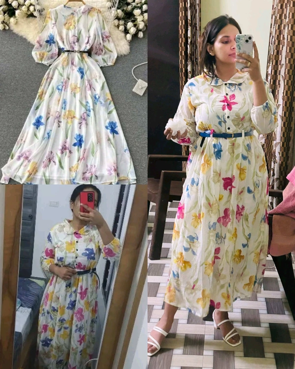 New printed long dress with belt - L