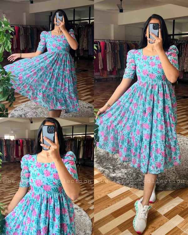 Sky Blue Pink Flower Digital Printed Midi - L