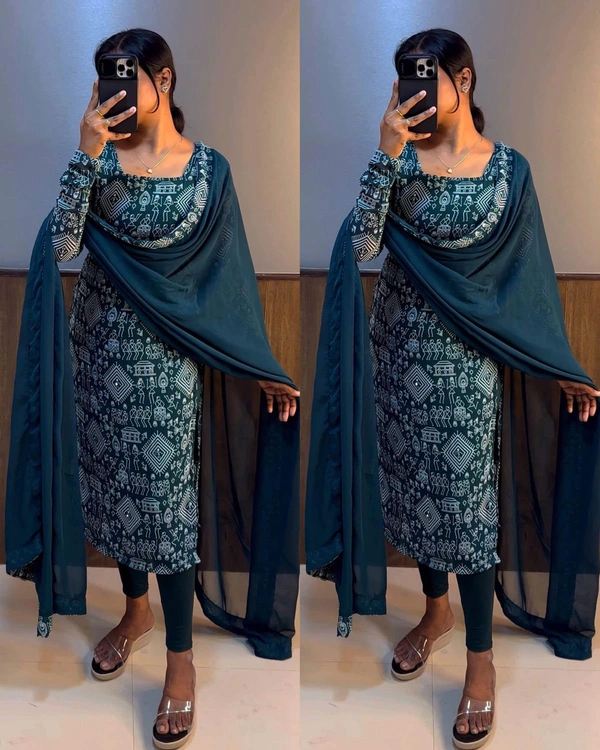 Village printed kurtis + dupata  - XL, Teal