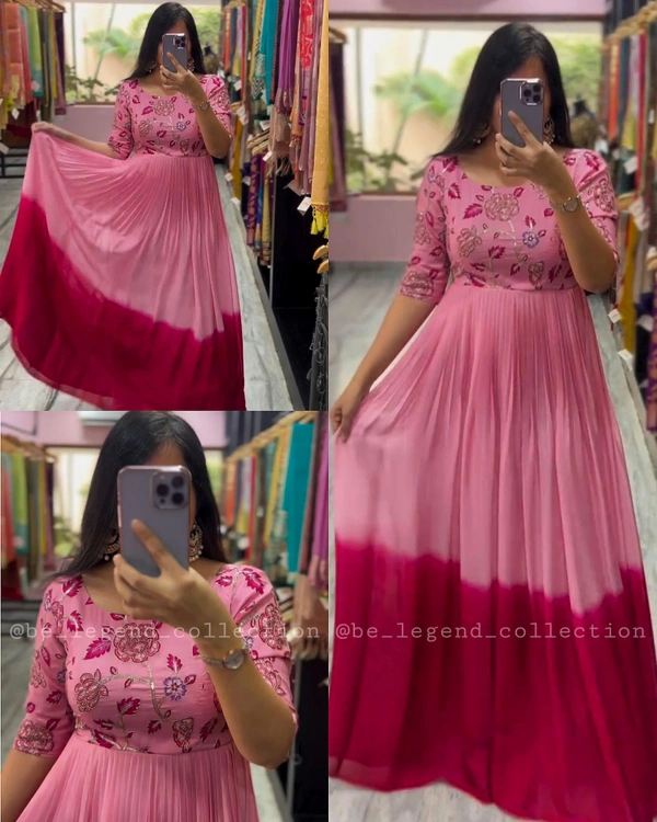 Beautiful Print on Soft Faux Georgette with Hand-work on Yoke  - Pink, M