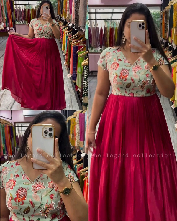 Beautiful Print on Soft Faux Georgette with Hand-work on Yoke  - Maroon, M